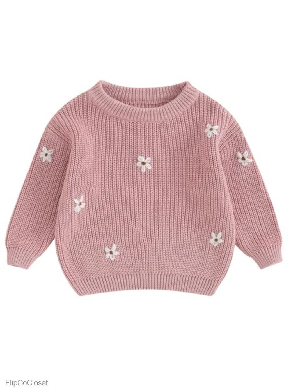 Girls Knit Pullover Sweater Crewneck Long Sleeve Flower Embroidery